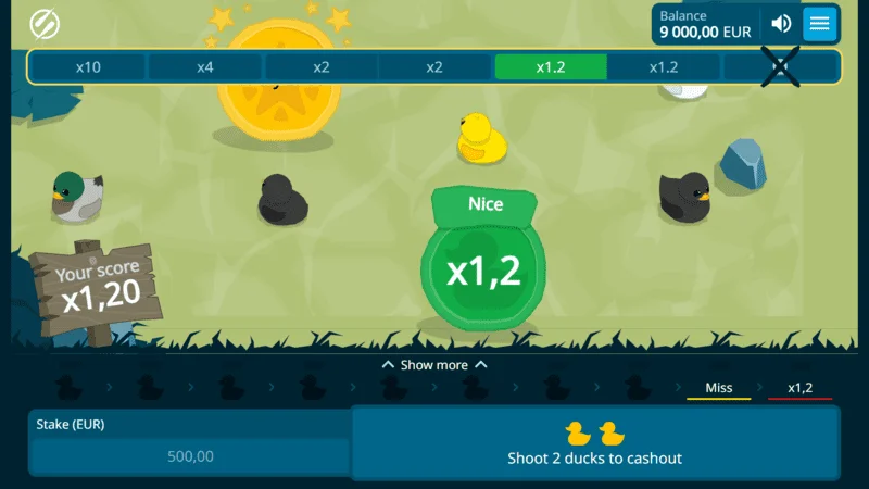 Exploding Ducks - disparo exitoso con multiplicador x1.2